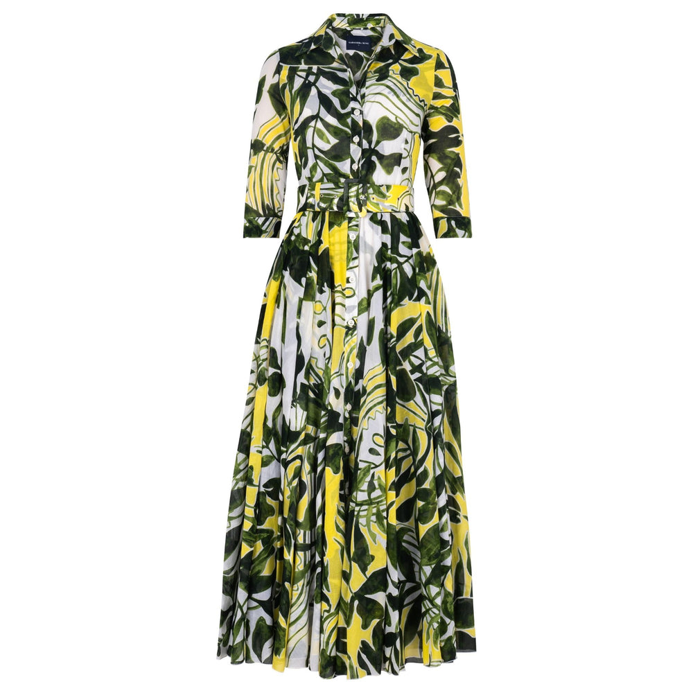 Long dress with tropical leaf pattern on a white background