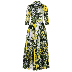 Long dress with tropical leaf pattern on a white background