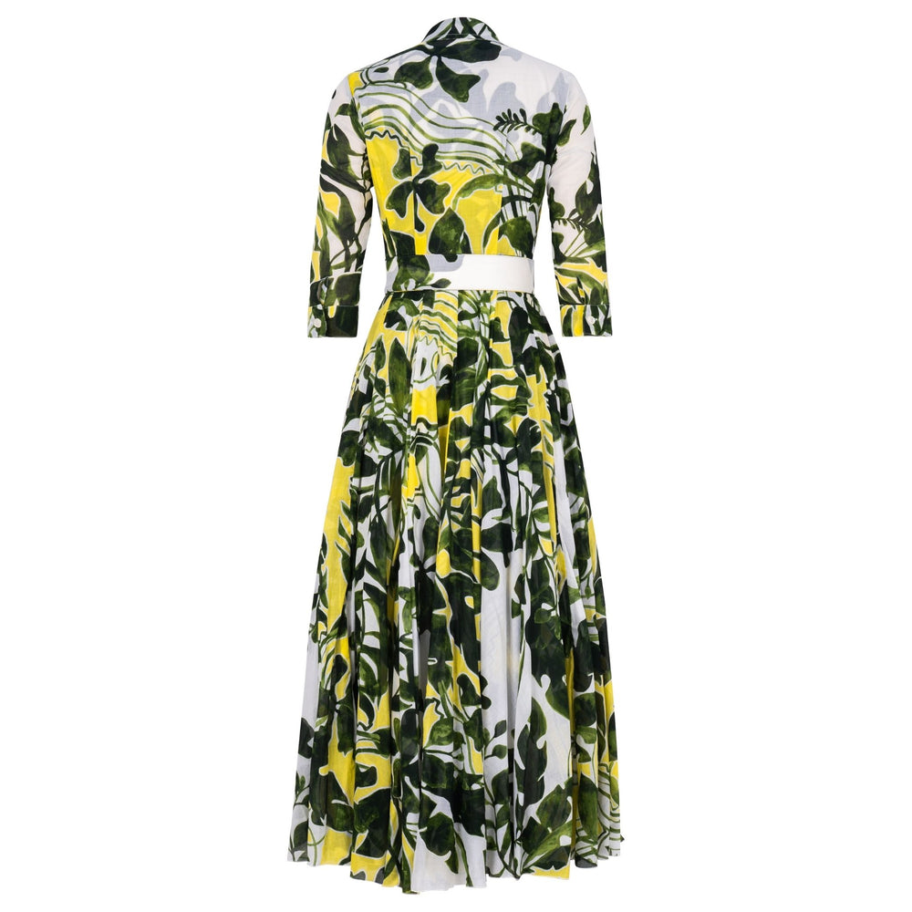 Women's long-sleeve maxi dress with white, yellow, and green leaf print, button front
