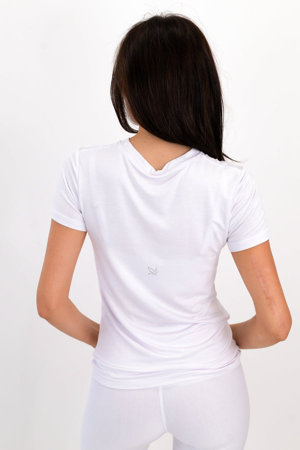 Model wearing The Everyday Tee in Cloud by ON/OFF Essentials, made from 95% bamboo.