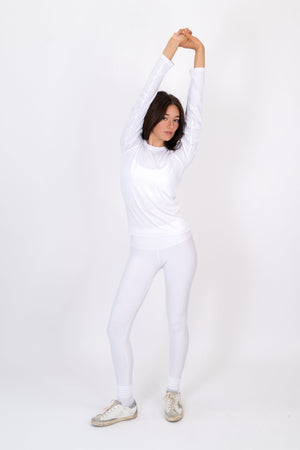 Model wearing The Everyday Long Sleeve in Cloud by ON/OFF Essentials, made from 95% bamboo.