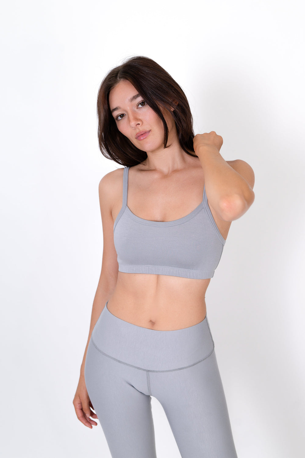 Model wearing The Form Bra in Fog by ON/OFF Essentials, made from 95% bamboo.