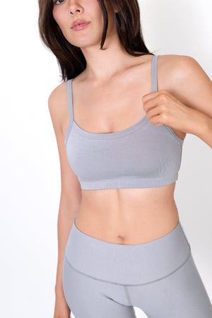 Model wearing The Form Bra in Fog by ON/OFF Essentials, made from 95% bamboo.