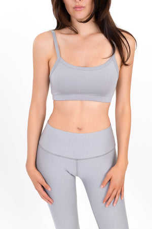 Model wearing The Form Bra in Fog by ON/OFF Essentials, made from 95% bamboo.