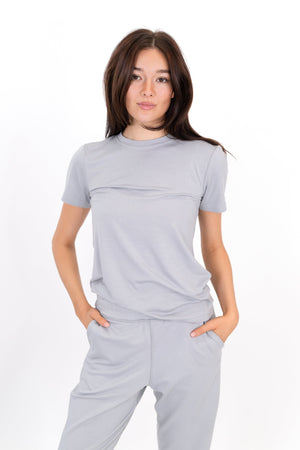 Model wearing The Everyday Tee in Fog by ON/OFF Essentials, made from 95% bamboo.