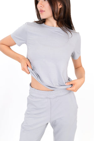 Model wearing The Everyday Tee in Fog by ON/OFF Essentials, made from 95% bamboo.