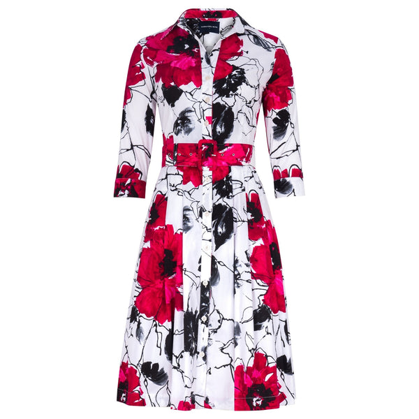 Floral patterned dress with red, black, and white colors on a white background
