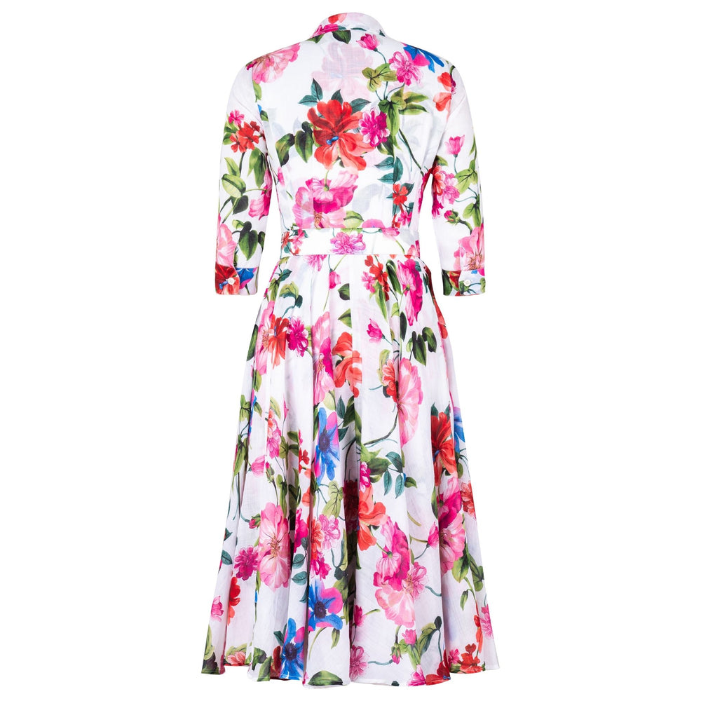 Floral midi dress with button-front, belted waist, long sleeves, white with pink red greens