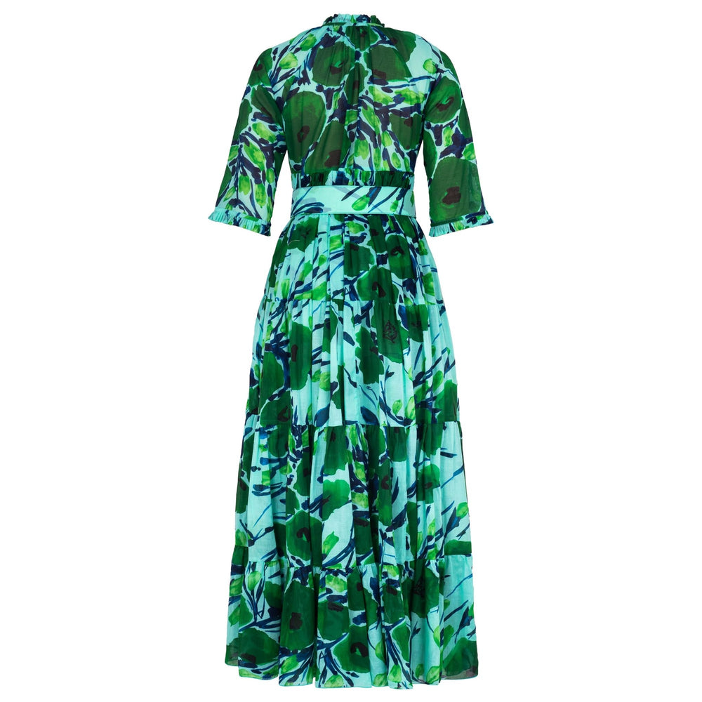 Soft aqua green printed midi dress, puff sleeves, smocked neckline, gathered skirt