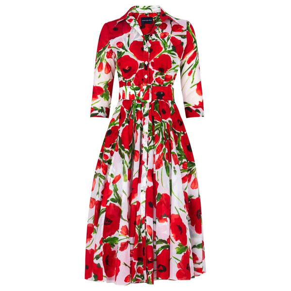 Red floral dress on a white background