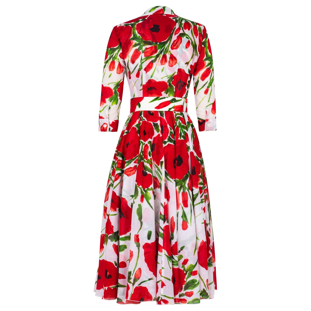 White midi floral dress, red print, 3/4 sleeves, button front, gathered waist
