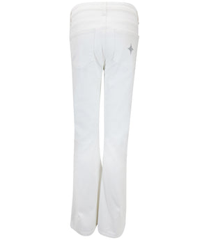 Flared-leg pants made in Italy with a mid-rise fit, featuring front and back pockets and star-shaped accents on the hip, lower leg, and back pocket. Displayed from multiple angles against a clean background