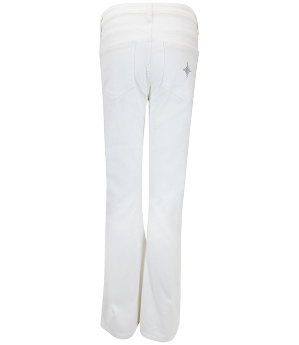 Flared-leg pants made in Italy with a mid-rise fit, featuring front and back pockets and star-shaped accents on the hip, lower leg, and back pocket. Displayed from multiple angles against a clean background