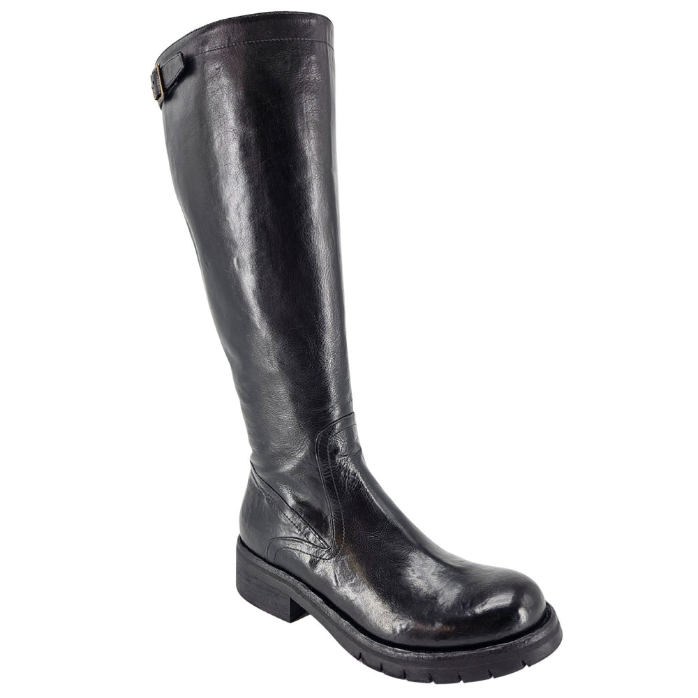 Tall black leather flat boot with buckle strap and rounded toe