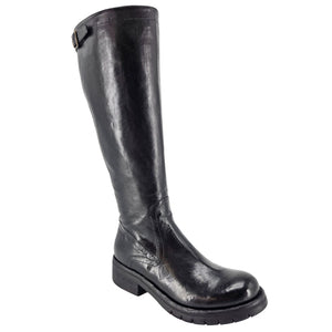 Black leather knee-high boot on a white background