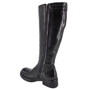 Black leather knee-high boot with a zipper on a white background