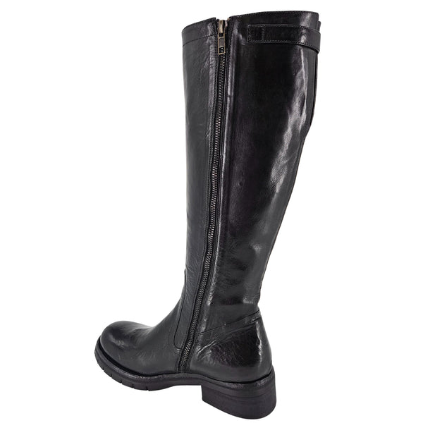 Black leather knee-high boot with a zipper on a white background