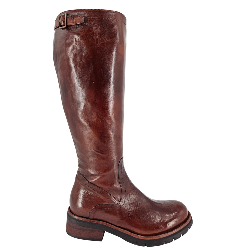 Brown leather knee-high boot with a buckle on a white background