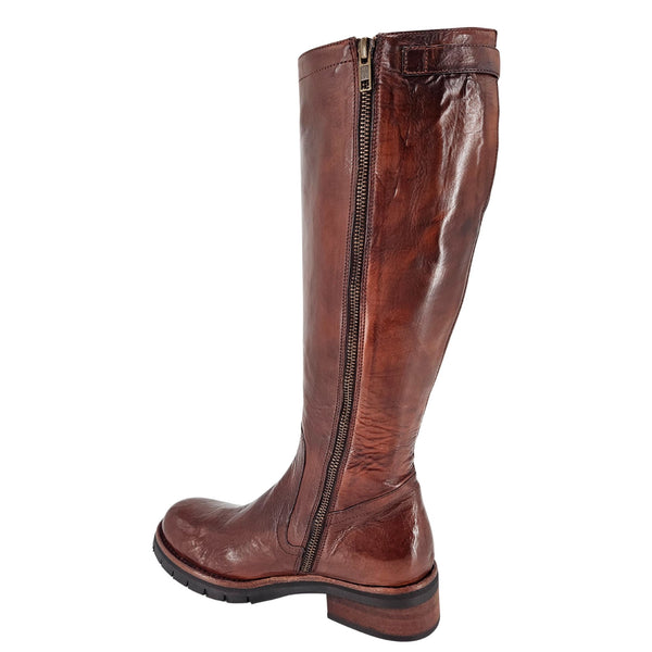 Brown leather knee-high boot with a zipper on a white background