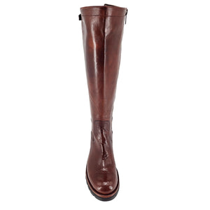 Brown leather knee-high boot on a white background