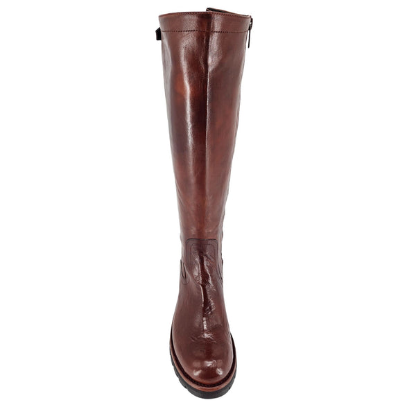 Brown leather knee-high boot on a white background