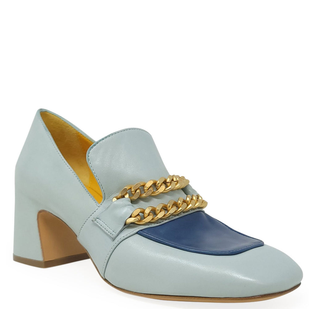 Turq/Blue leather mid-heel loafer with gold chain detail and pointed toe