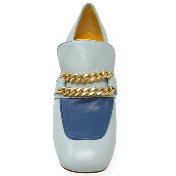 Light blue loafer with gold chain detail on a white background