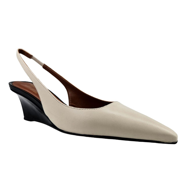 Beige slingback pointed-toe wedge heel with black mid-height wedge