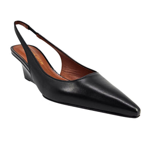 Black leather slingback wedge heel with open back strap, angled side view.