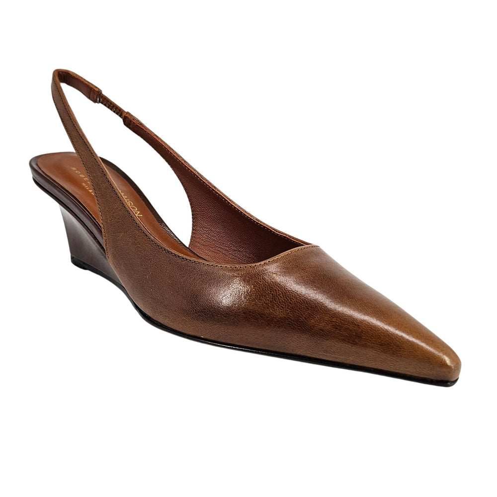 Cognac leather slingback wedge pump with pointed toe and side strap