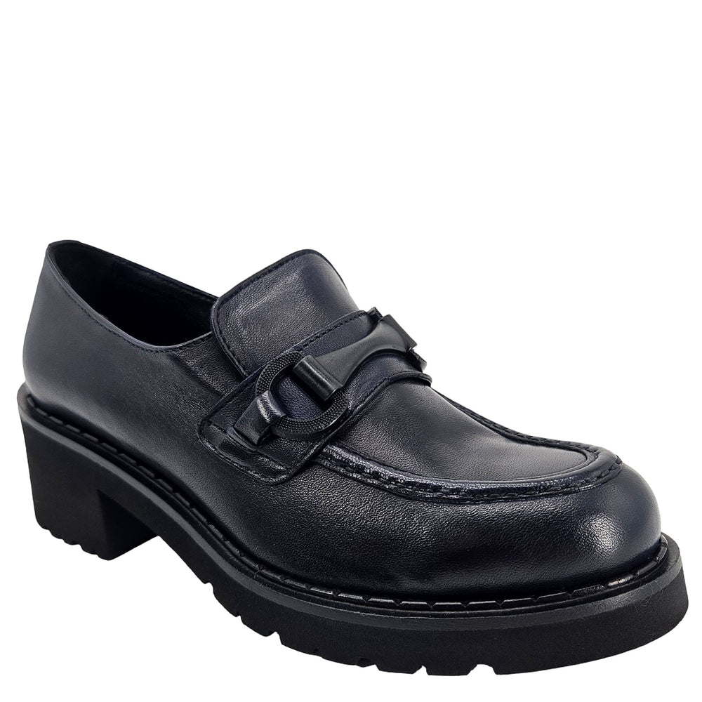 Dark navy chunky loafer with lug sole and slip-on strap detail