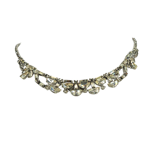 Silver rhinestone choker necklace with layered teardrop motifs and bow side details