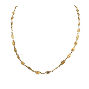 Goldtone filigree leaf link necklace with oval teardrop links, adjustable chain