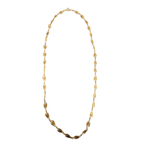 Goldtone leaf link necklace, long dangling segment with oval filigree drops