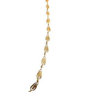 Goldtone filigree leaf link necklace strand, spaced teardrop leaves with small beads