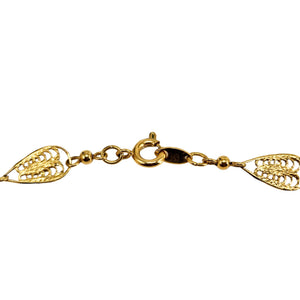 Goldtone leaf link necklace clasp with decorative filigree teardrop ends and chain rings