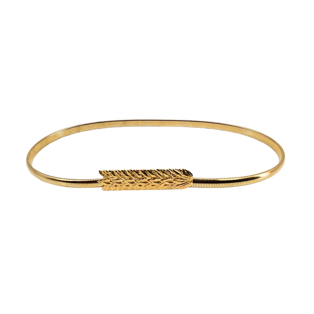 Goldtone stretch belt with wheat-pattern snake buckle, vintage-style.