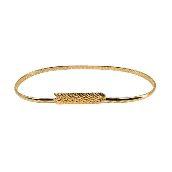 Goldtone stretch belt with wheat-pattern snake buckle, vintage-style.