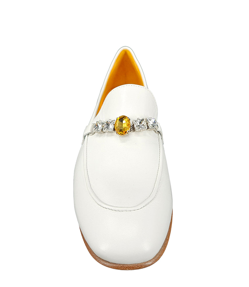 
                      
                        A leather loafer with a low stacked heel and rounded toe, featuring a decorative band adorned with faceted gemstone-style embellishments across the upper. Designed by Madison in Beverly Hills and handcrafted in Italy
                      
                    