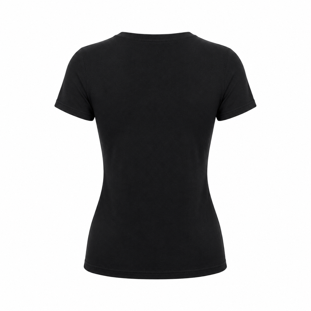 Black t-shirt with graphic design and text on a white background