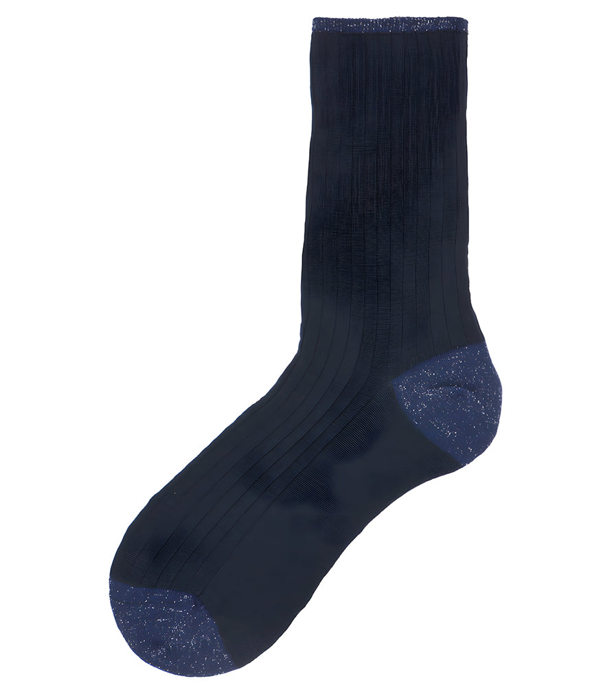 A mid-calf knit sock featuring a mix of textured panels, ribbed leg section, and bold horizontal stripes around the arch and cuff.