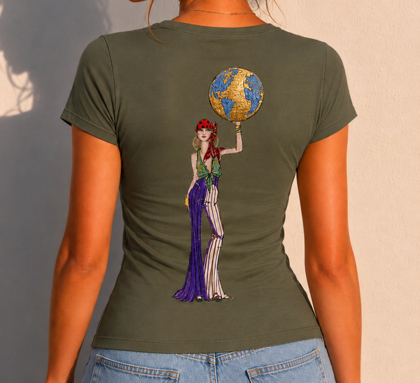 Madison Maison x On/Off Essentials Bandana Girl With Globe Khaki T-Shirt