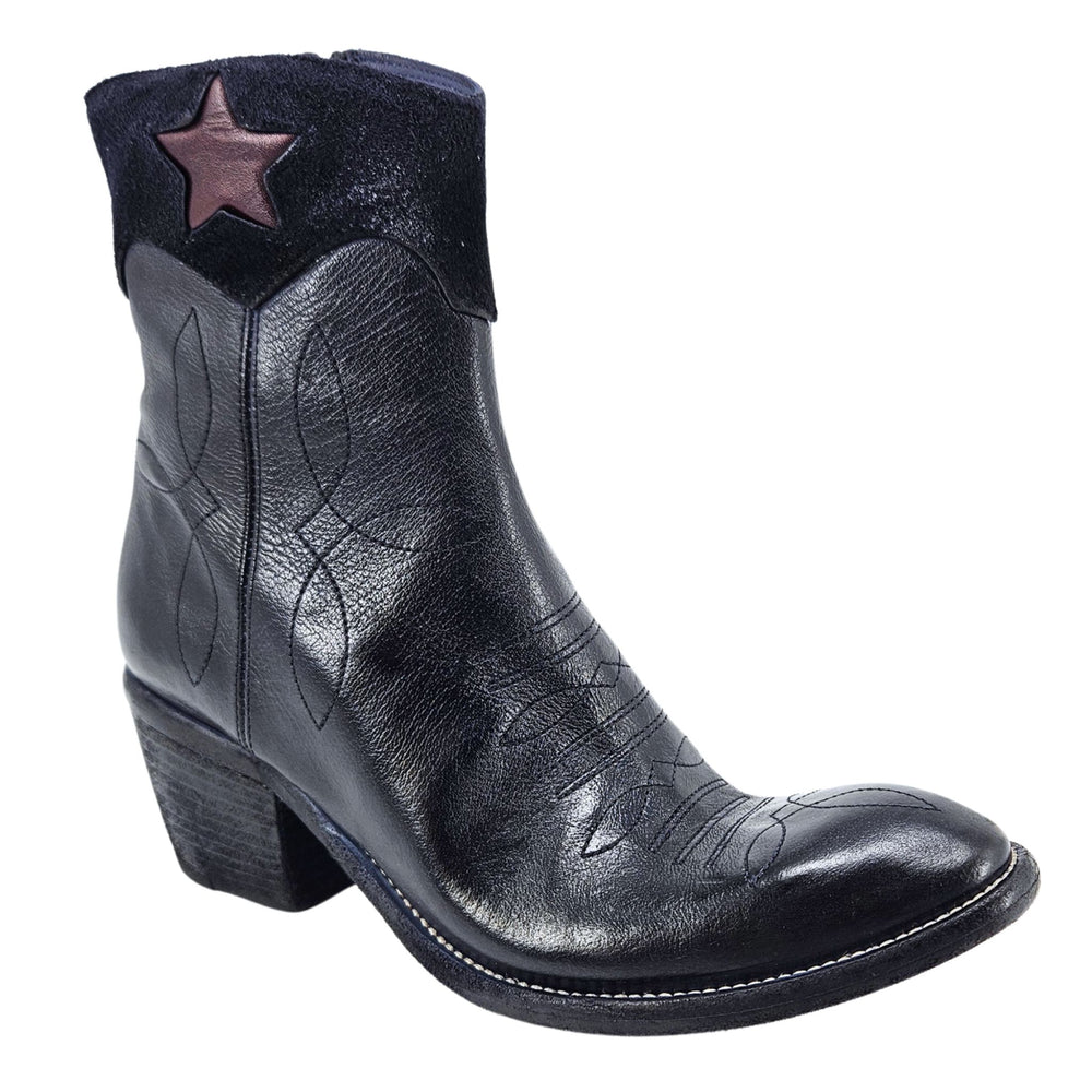 Navy leather round-toe ankle boot with star patch on the shaft, block heel