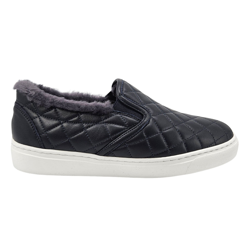 Navy Quilted Leather Shearling Slip on Sneaker