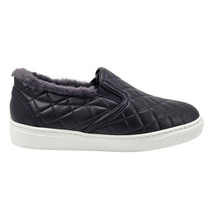 Navy Quilted Leather Shearling Slip on Sneaker