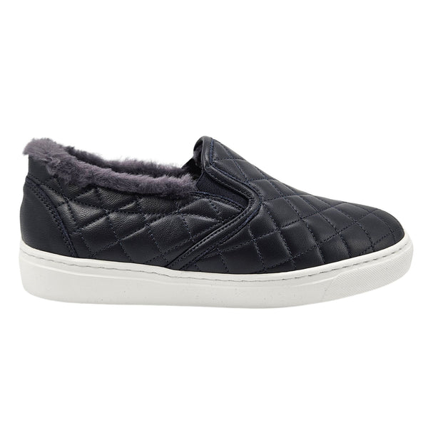 Navy Quilted Leather Shearling Slip on Sneaker