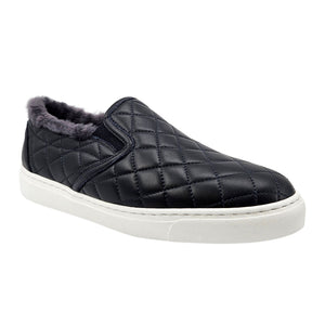 Navy Quilted Leather Shearling Slip on Sneaker