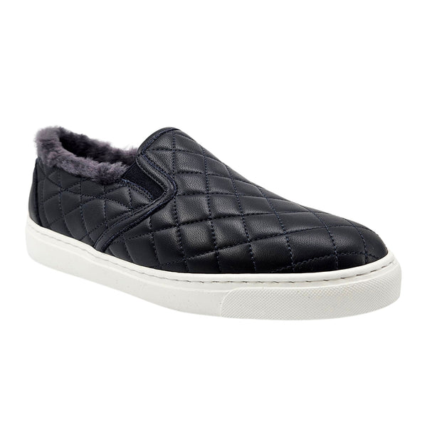 Navy Quilted Leather Shearling Slip on Sneaker