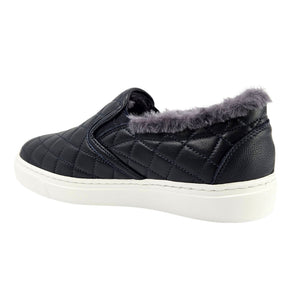 Navy Quilted Leather Shearling Slip on Sneaker
