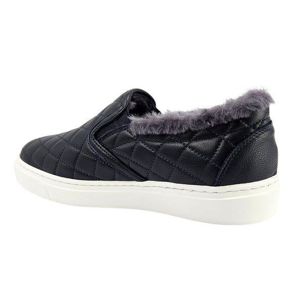 Navy Quilted Leather Shearling Slip on Sneaker